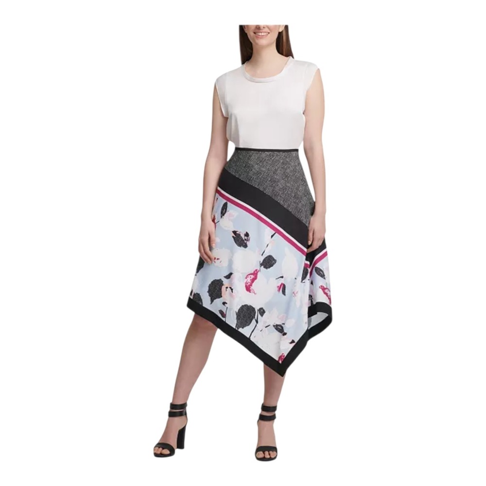 DKNY Women's 6 Black Blue Mixed Media Floral Career Zip Asymmetrical Hem Skirt